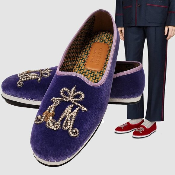 GUCCI MENS SHOES PURPLE VELVET MOCCASIN LOAFERS PEARL AM APPLIQUE sz 7 US 7.5 - Picture 1 of 14